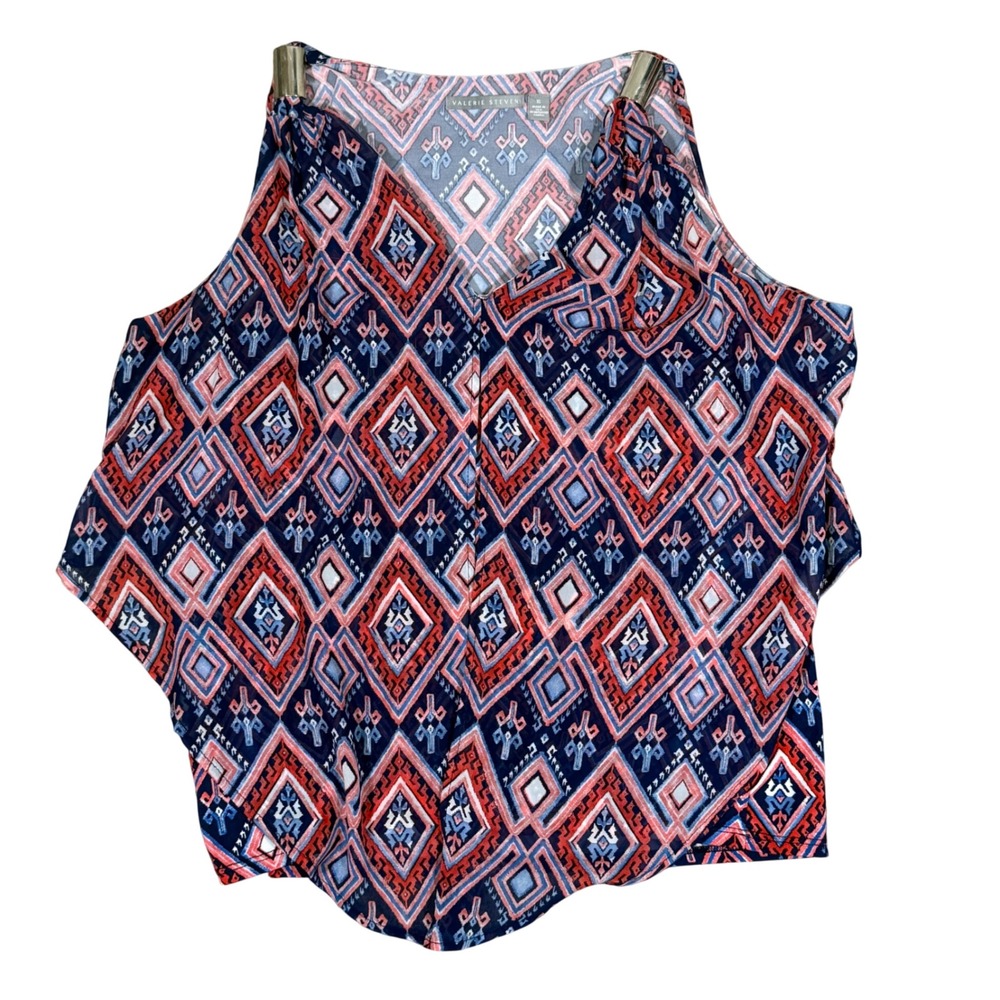 Valerie Stevens Womens XL Geometric Diamond Print V-Neck Tank Top Red Blue White